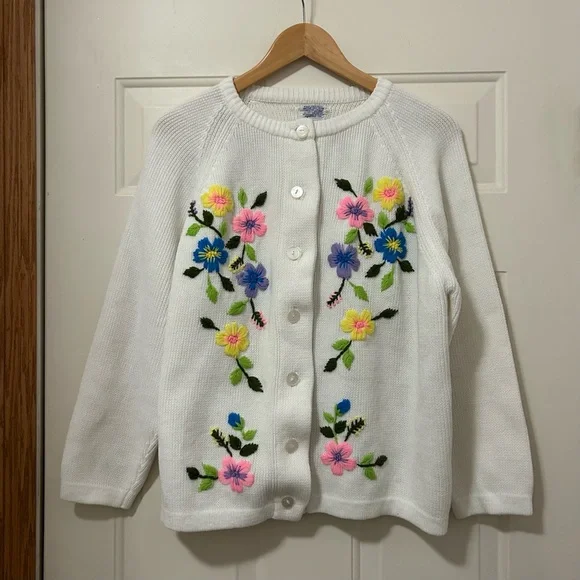 Vtg Sears 1960s Floral Crewel Embroidery Cardigan Pinup Boho Retro Acrylic XL - Picture 14 of 15